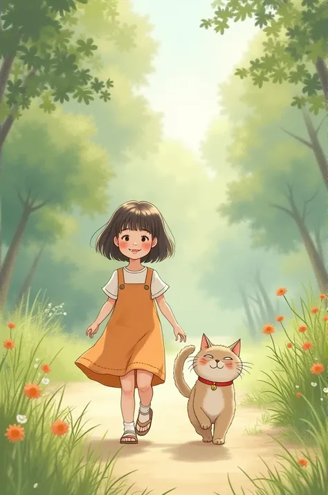 Girl walk with cat 
