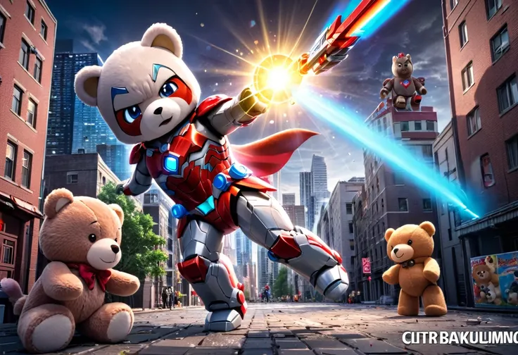 a plushy ultraman, ultraman shooting ultra beam, giant teddy bear, city made of childrens building blocks, rumble, detailed cinematic scene, 8k, highly detailed, photorealistic, dramatic lighting, vivid colors, epic scale, intricate details, fantasy, scien...