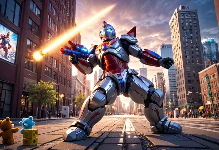 a plushy ultraman, ultraman shooting ultra beam, giant teddy bear, city made of childrens building blocks, rumble, detailed cinematic scene, 8k, highly detailed, photorealistic, dramatic lighting, vivid colors, epic scale, intricate details, fantasy, scien...