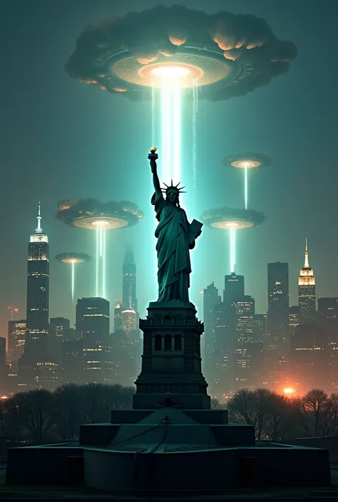 ((masterpiece, Highest quality, Best image quality, High resolution, Realistic, RAW Photos, 8k)), ((Highly detailed CG synthesis 8k wallpaper)), new york city, statue of liberty, Night view, a swarm of flying saucers appears over new york attacking the cit...