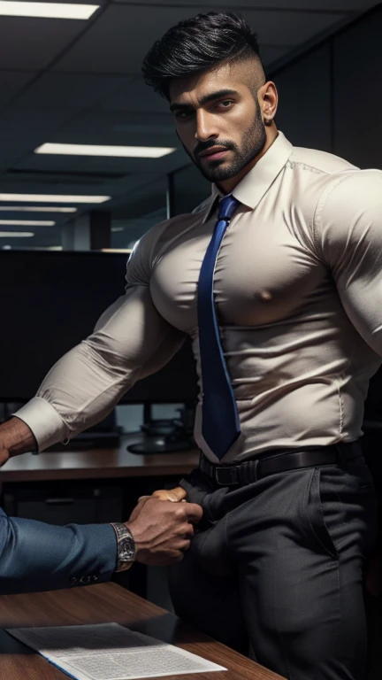 2 person, Close up Focus on indian latino Gay couple A man is forcefully holding another gay mans hand and making him hold his perfect bulge in office ,Realistic, ((Masterpiece)), ((Best quality)), (Detailed), Cinematic, Dynamic lighting, soft shade, Detai...