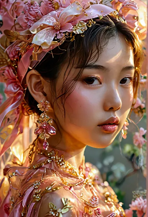 a young asian girl, full body, wearing a transparent pink golden dresses, big ribbon ornament on hair, floral earrings, big penis on vagina, a penis penetration on vagina,