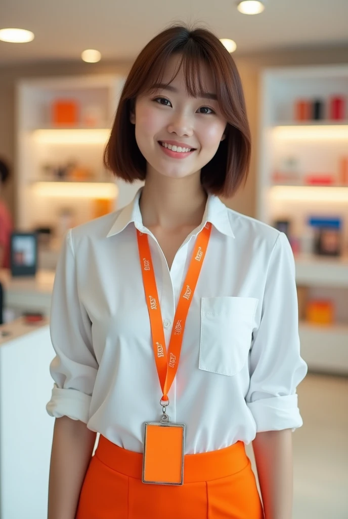 professional advertising photography waist up, happy girl 3 russian with bob haircut, with orange badge and lanyard, in the background, a modern minimalist interior of a cosmetics store is blurred with a large depth of field, white shirt, orange skirt
