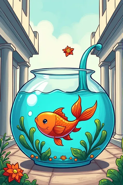 a cartoon of a fish and a fish bowl with a water stream coming out of it and another fish in the water, Aquirax Uno, institutional critique, expressive, a cartoon