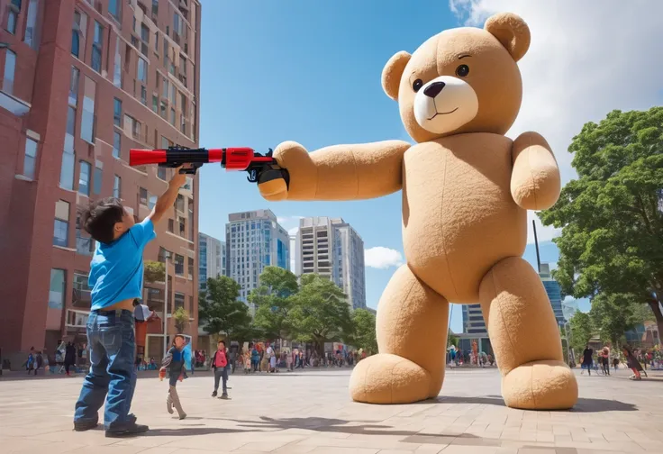 A plushy Ultra Man shoots his ultra beam at a giant teddy bear, rumble in a city made of childrens building blocks,
