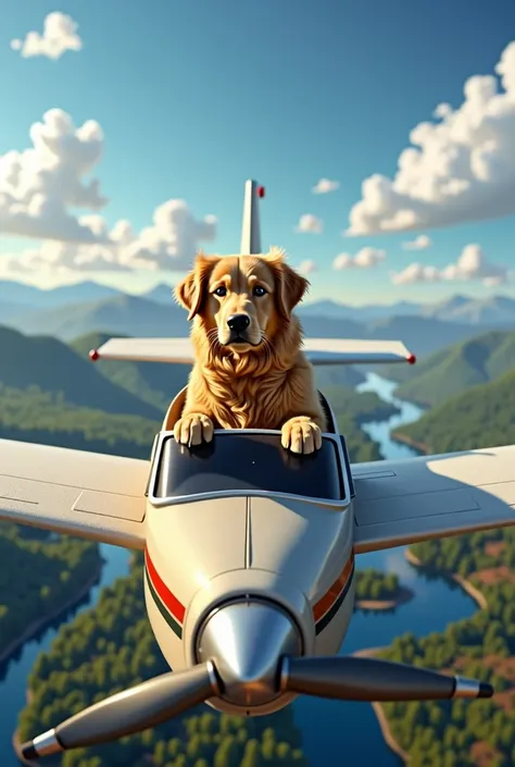 Golden retriever flyiing a plane