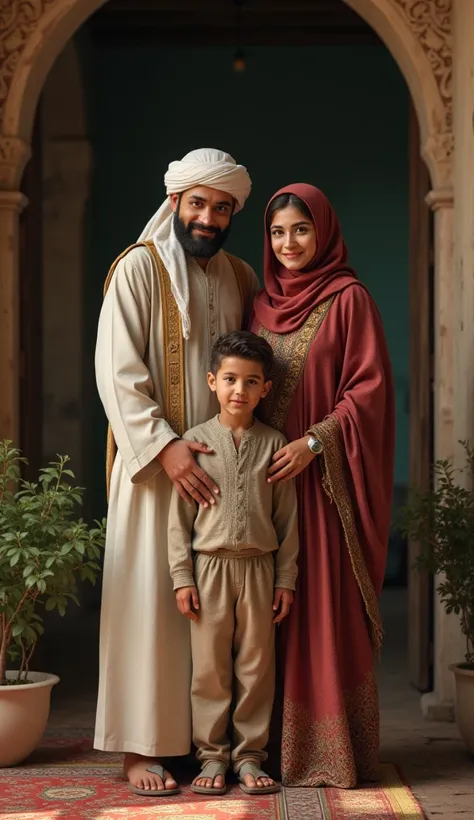 Muslim Arabian young son with mom & dad old arabic house