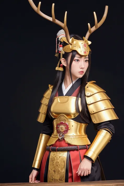 japanese woman, full body portrait, traditional japanese samurai armor,embroidery and trim, large deer gold horn helmet, intense gaze, strong willed expression,traditional samurai armor, realistic, cinematic, 8k, hyper detailed, masterpiece, samurai armor,...