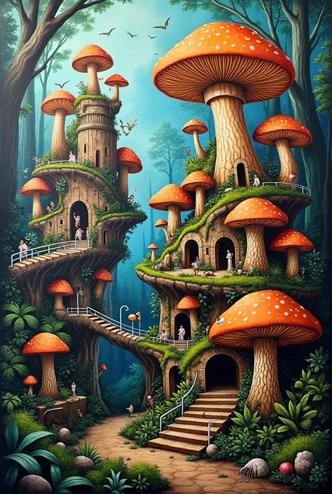 Graffiti painting of carved out  mushrooms growing off little trees in the forest made into a whole city with Bridges connecting everything ladders Vines 