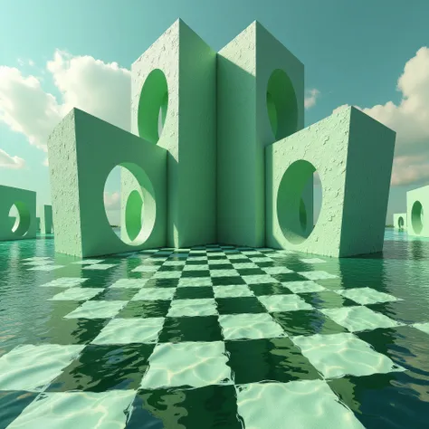 create a optical illusion; draw a hyper-realistic image of a paradoxical scene, like "Sky and Water I" by Escher. a paradoxical drawing; maybe a Trompe-lœil scene. a checkered upside-down design, green