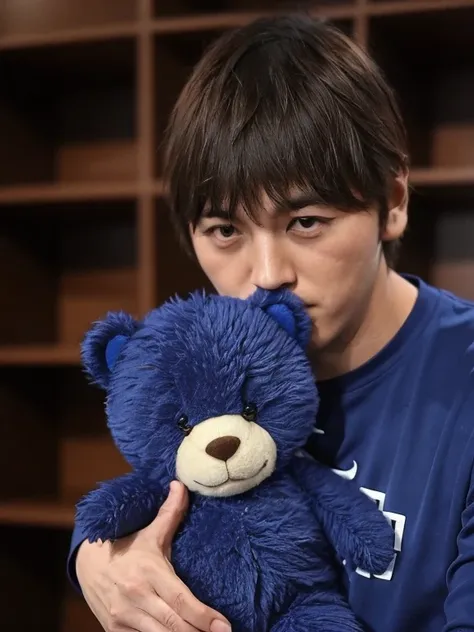 hugging a teddy bear, male. alone. Small teddy bear, Dark Eyes、Blue clothes