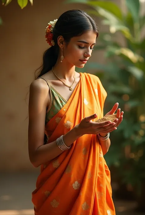 A slim girl wearing saree and taking ayurvedic power 