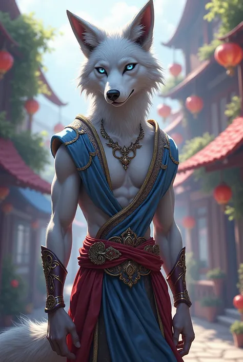 masterpiece, soft shading, perfect anatomy, perfect lighting, perfect focus, vibrant, solo, 1boy, Furry, furry wolf, anthropomorphic, male, silver fur, silver skin, blue eyes, harem outfit, femboy, fantasy town, uploaded on e621, standing