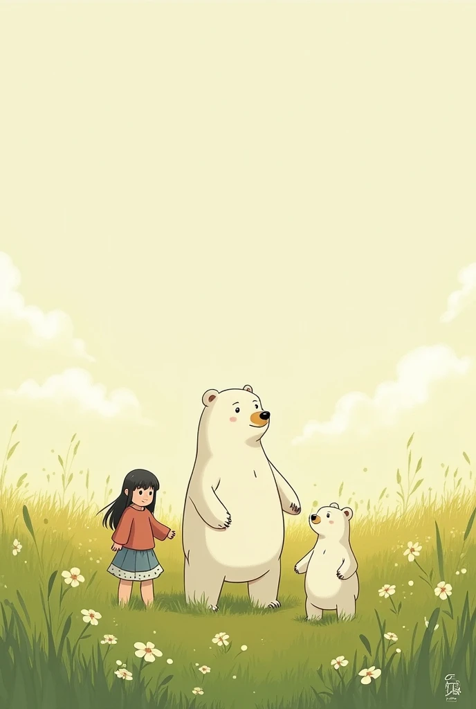 ((several white bears))，(Play in the fields, paddy，cute white bear, Cute girls), Ghibli background style, Yuru Chara Style，Cute storybook illustrations, , 柔和Light, cream, Giorgio Morandi colors, Thick Line Graph, Full color illustrations, Picnic in the for...