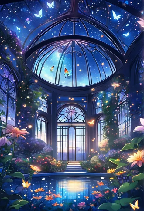 ((Highest quality)),((high-res)),night, Starry Sky, A magical indoor garden, dome, pond, Lots of flowers, Glowing Butterfly, The background is a garden with petals,fireflies 