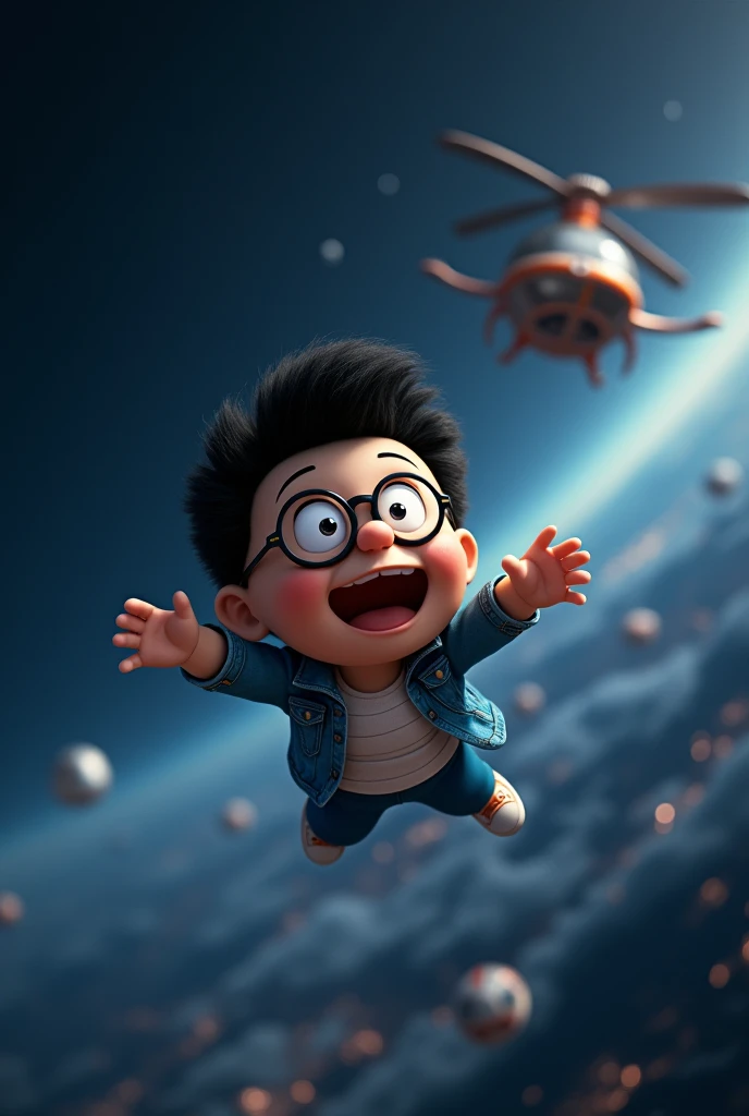 Nobita (doremon)  photo in space with flying helicopter 