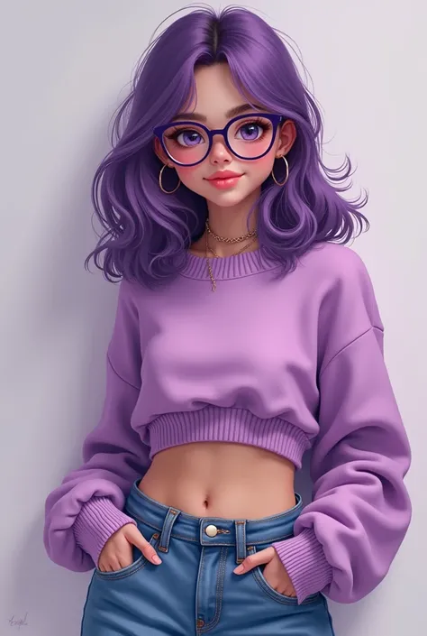 A girl in her sixteens with dusty purple hair and eyes wearing a cropped long sleeve sweater and  low raise flare jeans with y2k glasses 