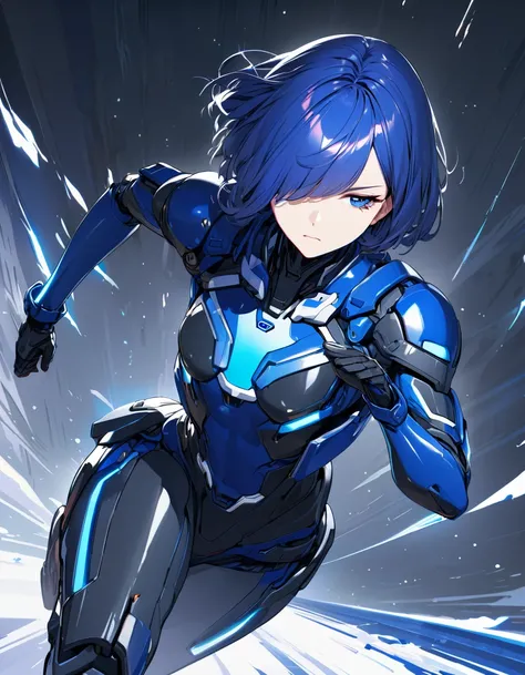 (masterpiece)、(absurdres)、(ultra detailed)、(8k),Anatomically correct,(Anime illustration:1.1)solo girl,Slender:1.1,shiny ultramarine hair,straight hair,short bobcut:1.1,ultramarine eyes,hair covering one eye:1.1,irisless eyes,small breast:0.9,mechanical su...