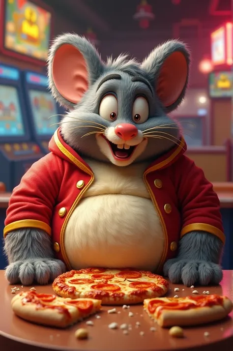 Chuck E. Cheese eating pizza until his stomach expanded and he was fat and tired and full