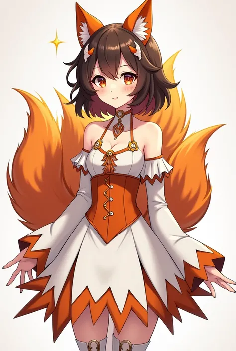 Create a beautiful girl character with many orange tails on her back, wearing a white and orange dress that has spiky cuts on the bottom with long sleeves (in the arm and cuff part) with an orange corset and brunette with a hint of orange hair and wolf acc...