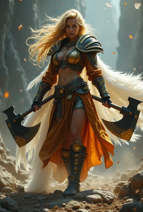 Female character with gold black hair combination, wearing orange leather armor combined with black, there are shoulder guards made of gold plate armor combined with black, holding two unique large axes. In a dynamic position. Her magnificent white feather...