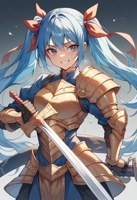 One girl, Long Hair, blue eyes, Blue Hair/Light blue hair, Twin tails, smile, armor、sword、Im fighting monsters、Sweat、ribbon, 