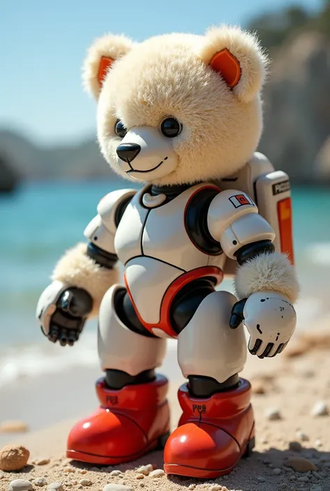 Teddy bear with micro Fantasy female android static shock, in building at day, ready for action, Close Contact, mechanical white body, red classic boots, in Summer Pier,