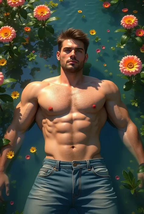 masterpiece, best quality, 1 male, adult, handsome, tall muscular guy, broad shoulders, finely detailed eyes and detailed face, extremely detailed CG unity 8k wallpaper, intricate details, The pond is filled with colorful flowers, A man lying on back comfo...