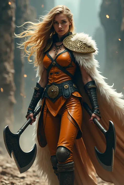 Female character with golden black hair, wearing orange leather armor with black combination, there is a shoulder guard made of gold plate armor with black combination, holding two unique large axes. In a dynamic position. Her magnificent white feather clo...