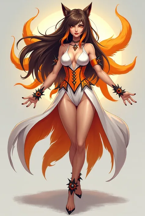 Create a beautiful girl character  that looks fierce with many orange tails on her back, wearing a white and orange dress that has spiky cuts on the bottom with long sleeves (in the arm and cuff part) with an orange corset and long brunette with a hint of ...