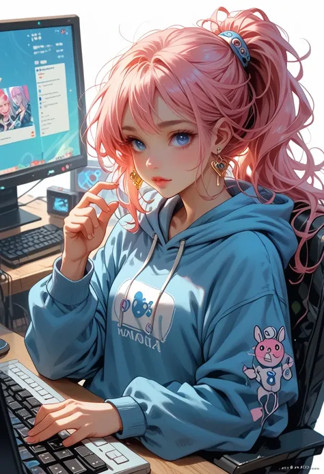 Mika Picasso, 1 girl, Blue eyes, blue Hoodie, computer, earrings, Hood, Hoodie, Jewelry, keyboard (computer), logo, logo parody, mouse (computer), different colored eyes, pink hair, basket, One, White background, yellow eyes, , 