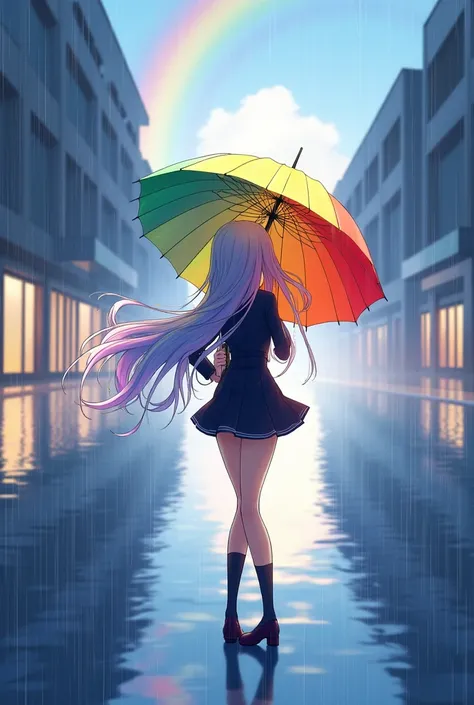 A woman holding an umbrella,Holding an umbrella with both hands, rainbow-colored hair,Long Hair,Black Uniform,mini skirt　A rainbow appears,noon,It rains,Reflection on the water horizon, standing on liquid 　Catch the wind.