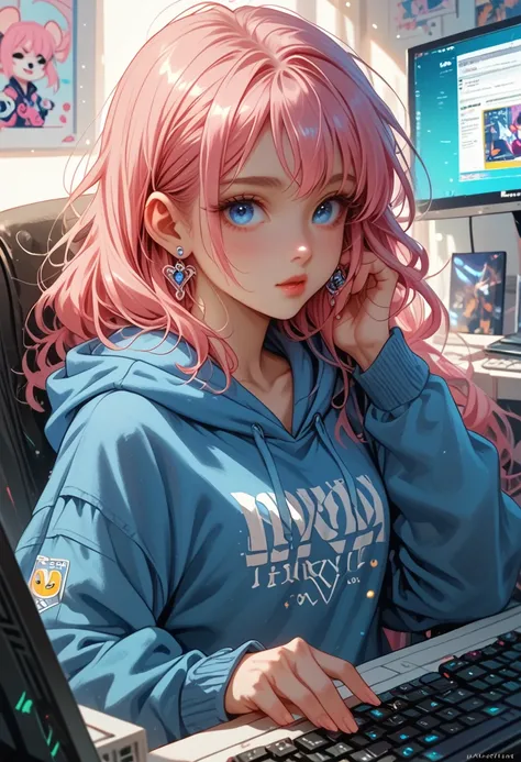 Mika Picasso, 1 girl, Blue eyes, blue Hoodie, computer, earrings, Hood, Hoodie, Jewelry, keyboard (computer), logo, logo parody, mouse (computer), different colored eyes, pink hair, basket, One, White background, yellow eyes, , 