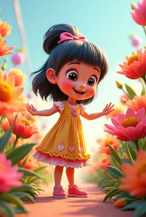 The girl wearing a frock likes the flowers.  3d cartoon animated without background.