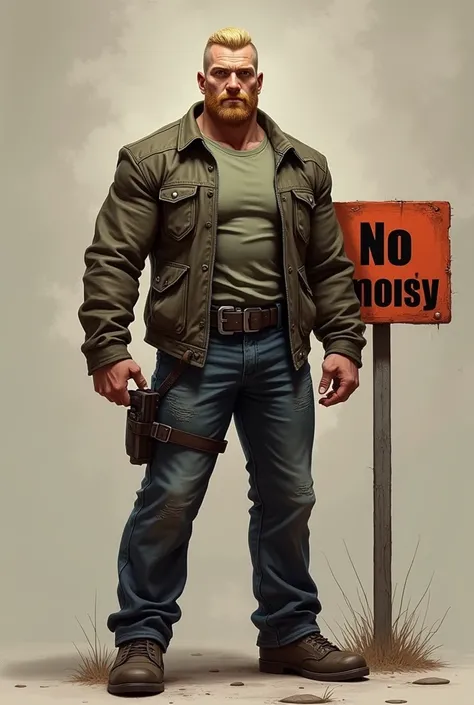 noticeable big sign ( No Horny) beside the man, blonde hair, blonde beard, small hair, realistic, a man, B.J Blazkowicz from wolfenstein, muscle pose, wearing a jacket, not naked, t shirt under jacket, gym club