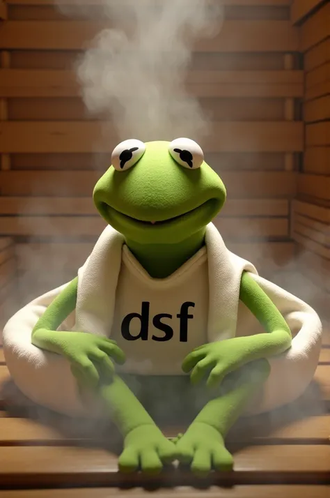 Kermit the frog in an Steam bath with a Towel which has „DSF“ printed on it