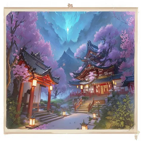 Painting of a Japanese village，There is a pagoda and a pagoda inside, traditional japanese Concept Art, anime scenery Concept Art, Onmyoji detailed art, !dream Concept Art, Temple Background, Gorgeous border + Concept Art, Sakura season dynamic lighting, l...