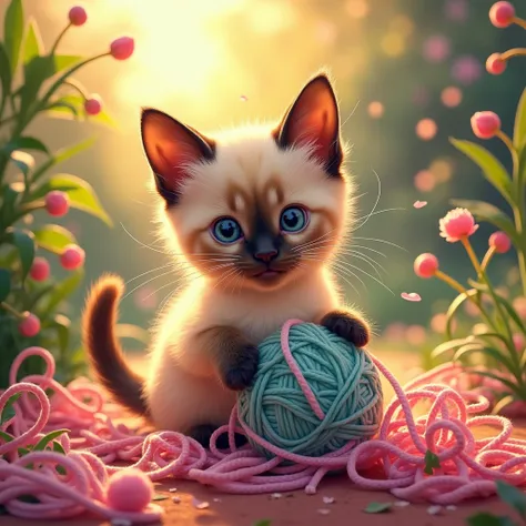 Full movie of a three-color Siamese kitten playing with a ball of wool in the garden, the kitten is a three-color Siamese, he is playing with the threads of the ball of wool, the thread is tangled all over his body. , good lighting, full HD 8k. bright pink...