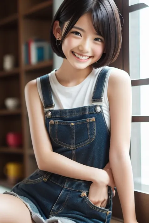 Short-haired woman、Overall image、Crouching、Smiling、Black Hair、Accessories on the arm