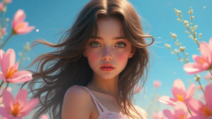 A girl with green eyes and brown hair and some roots in her hair and some pink flowers flying in a blue sky 