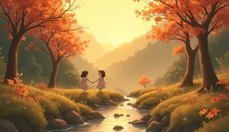 Highly detailed anime-style still images,fall season,Autumn ,Cozy Ghibli Studio Style,4k, yellow Tones ,natural, landscape , Lofi ,mountain In the forest