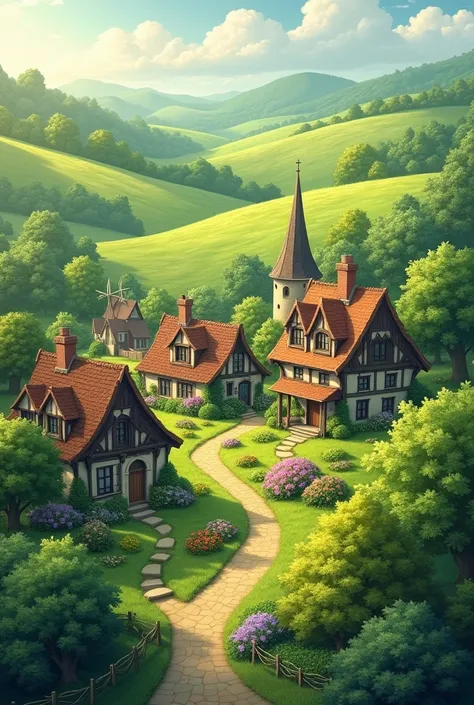 Village Scene: A beautiful village with lush green hills, colorful flower beds, and small houses scattered around. A peaceful morning with a soft sunlight shining over the landscape.