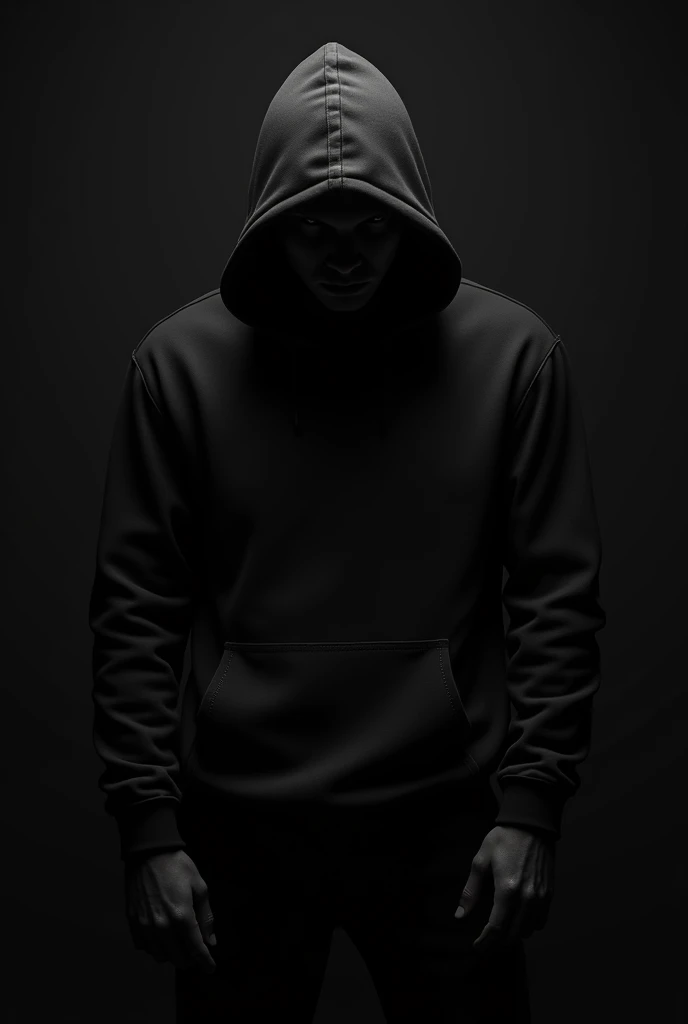 Generate a picture of man with black Hoody and black background

