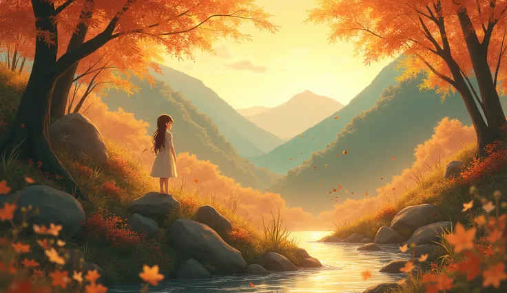 Highly detailed anime-style still images,fall season,Autumn ,Cozy Ghibli Studio Style,4k, yellow Tones ,natural, landscape , Lofi ,mountain In the forest