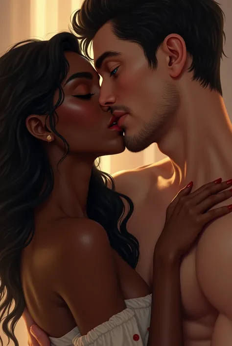 Beautiful black girl and white handsome clean shaveboy couple intimate kissing 