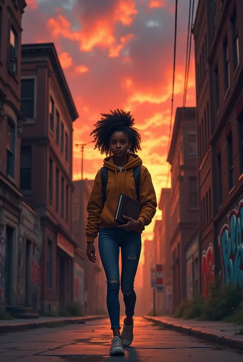 Aïsha marchant dans les rues de Chicago**  
   Une jeune femme noire, Aïsha, marchant d’un pas confiant dans un quartier difficile de Chicago. Elle porte des livres sous le bras, des écouteurs sur les oreilles, et arbore un sac à dos. Les bâtiments autour ...