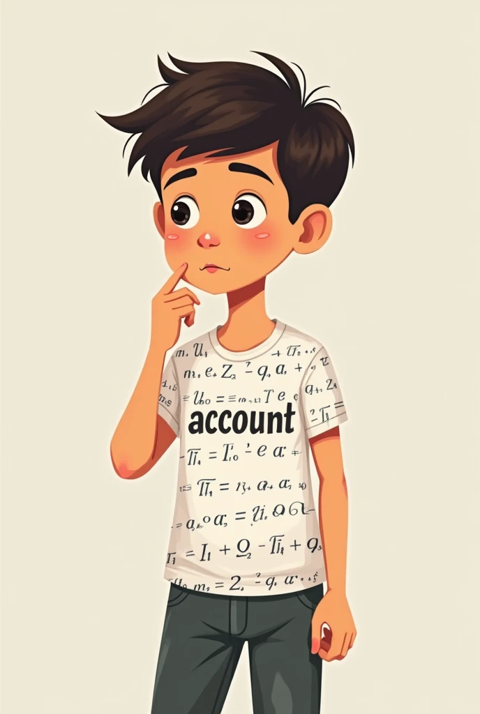 A boy wear a shirt . On the shirt my favourite subject is account printed. In back side equation are printed 