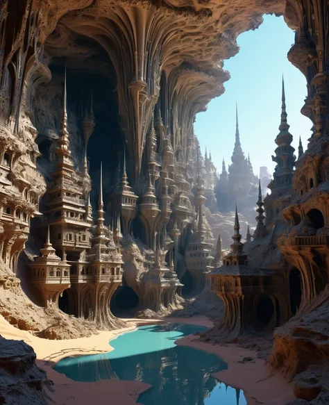 There are many inverted cavities (different rooms, joined by mandelbulb projections that form passages) in the middle of an underground canyon that forms a mandelbulb mud village at different heights with many balconies and stalactites and stalactites, fan...