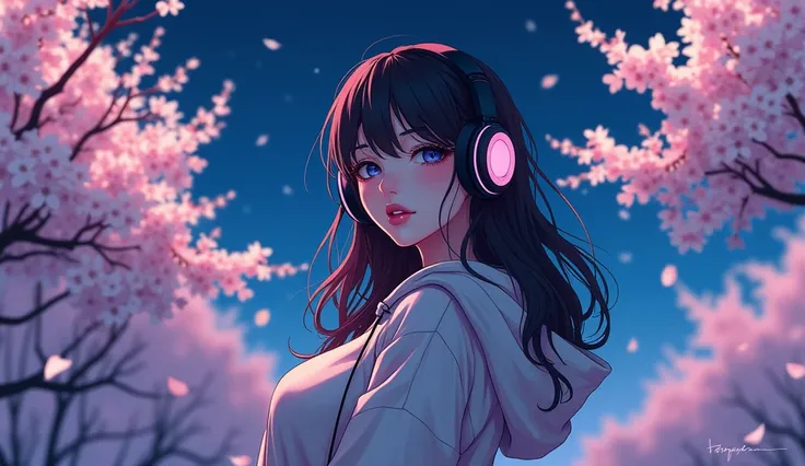 Perfect image、8k、high school girl、Mature、Using headphones、Big Breasts、Wearing a hoodie、cherry blossoms、spring、night、 2D-style animation, Lo-Fi、Retro、Anime style illustrations