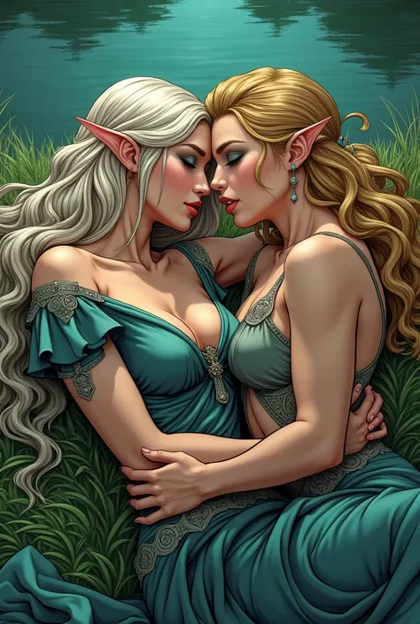 a comic book page with a continuation of the plot, a general outline, a long elf robe, a very beautiful elf man Avallakh, beautiful aquamarine eyes, fair skin, blond hair below the shoulders, combed back, sharp cheekbones, sunken cheeks, triangular face, s...